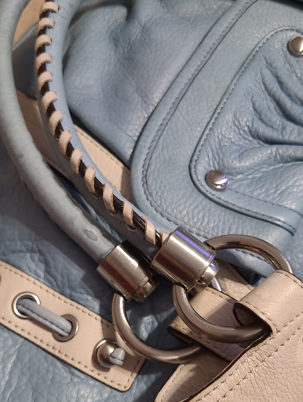 B. Makowsky Large Leather Hobo Satchel Sky Blue Cream Braided Rope Handles - Picture 16 of 16